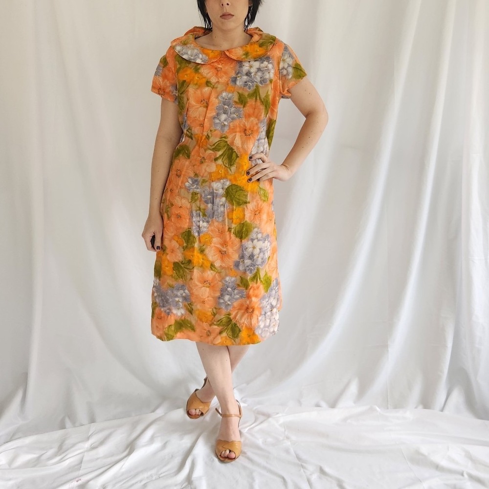 60s/70s Home Made Orange Floral Dress